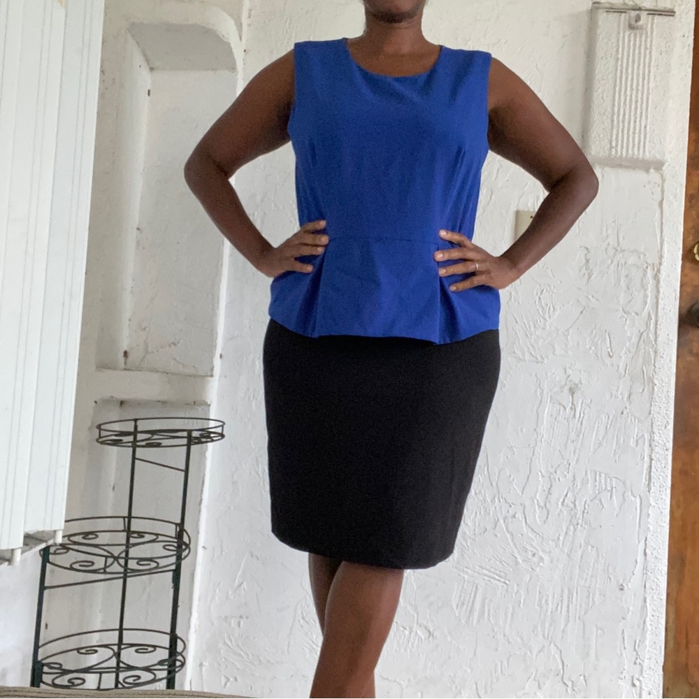 Calvin Klein Cobolt Blue Black Color Block Sleeveless Peplum Midi Dress!